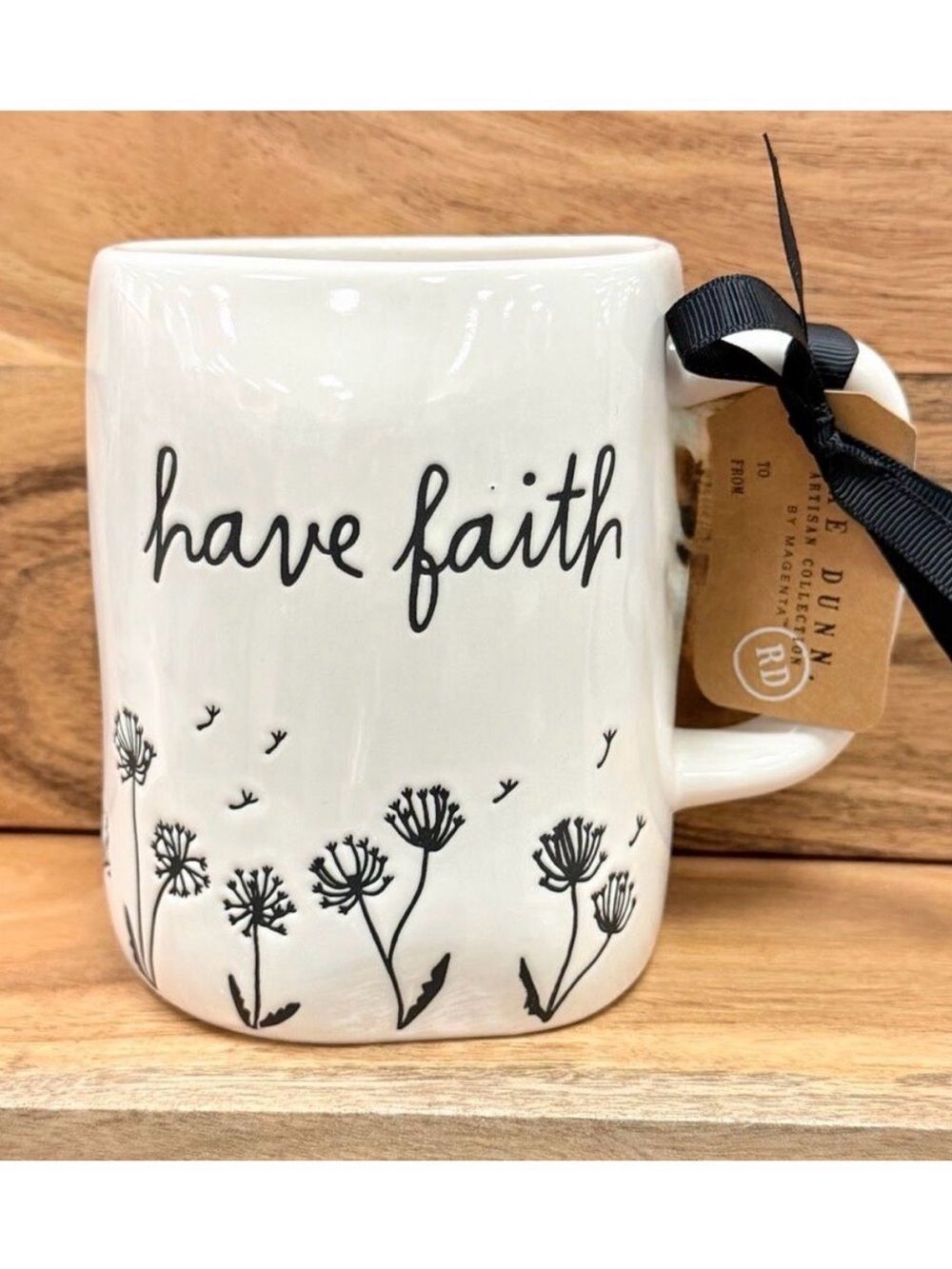 NWT Rae Dunn White Black Cursive Have FAITH Dandelions 18 Oz Ceramic Coffee Mug